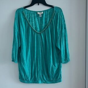 French Laundry Teal Blouse with Embellished Neckline